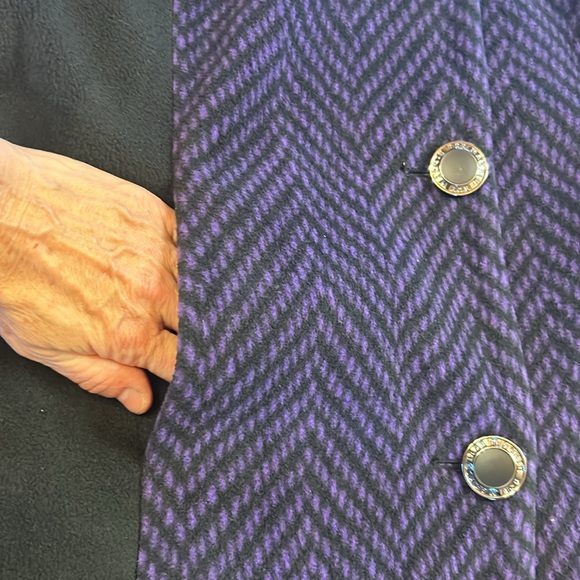 Bob Mackie Wearable Art Purple & Black Herringbone Fleece Coat w Faux Fur Collar - Picture 5 of 10